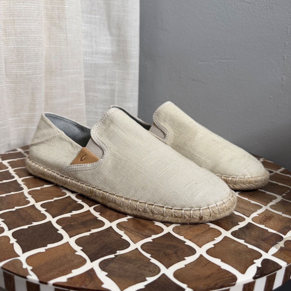 OluKai Kaula Pa'a Kapa Espadrille Slip On Linen Jute Beige Women's Shoe Size 9.5